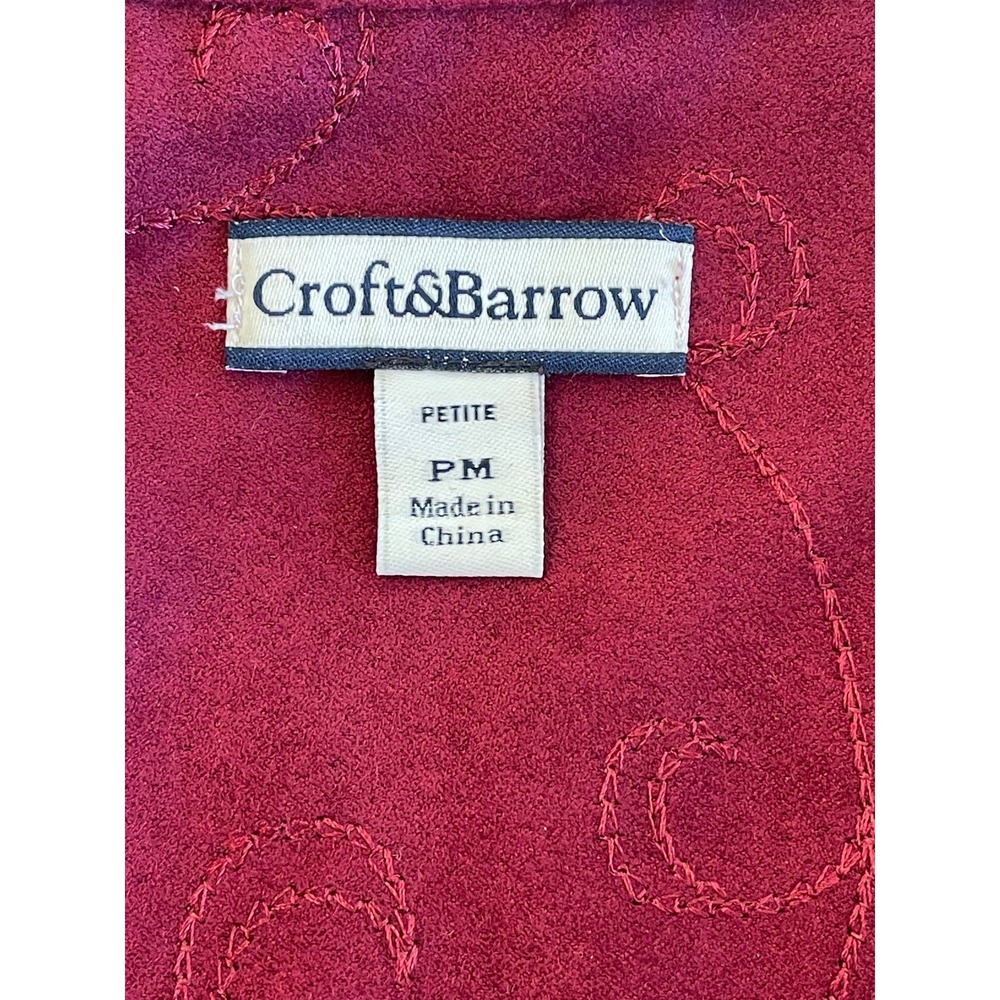 Croft & Barrow Womens Petite M Burgundy Embroidered Zip Up Jacket Faux Suede - Picture 3 of 5